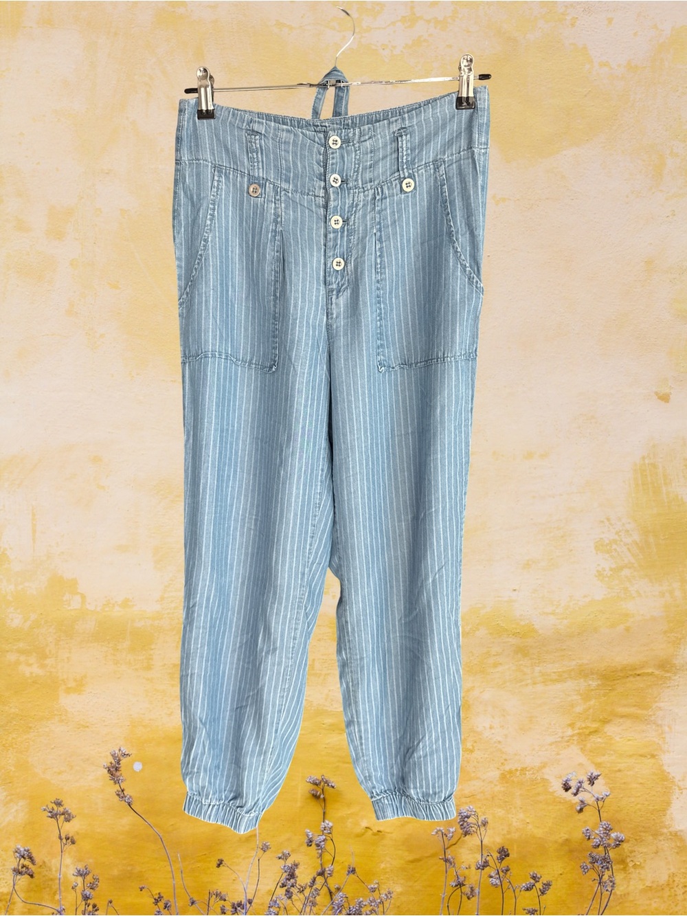 Indigo Rein light blue striped tencel pant with jogger ankle